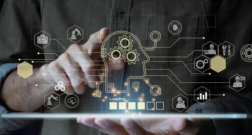 Man holding holographic of AI on his hand